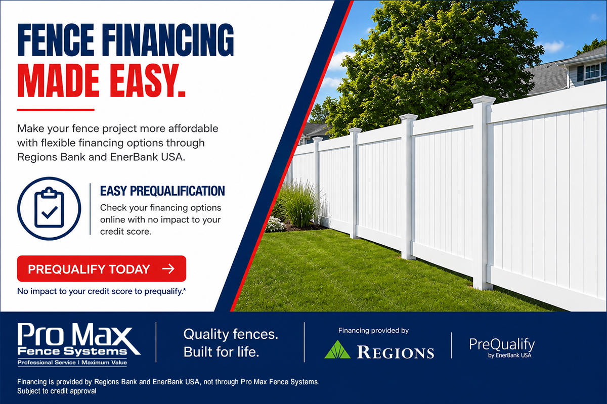 Photo of fence with financing info similar to text below